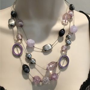 Beaded Silver Tone Three-Strand Statement Necklace